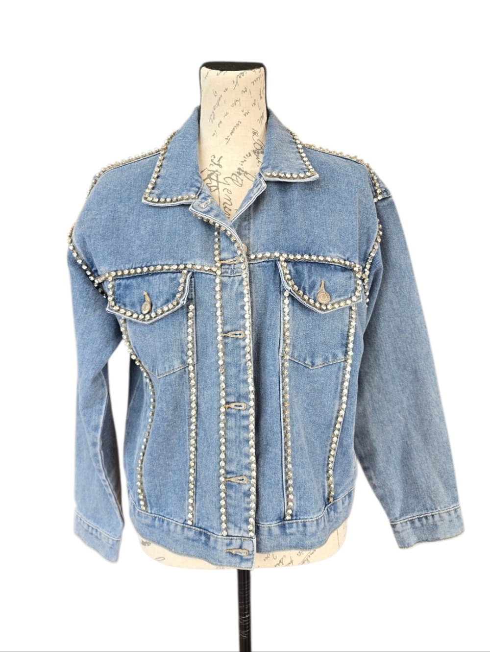 Forever 21 Rhinestone Trim Oversized Blue Denim Trucker Jacket S